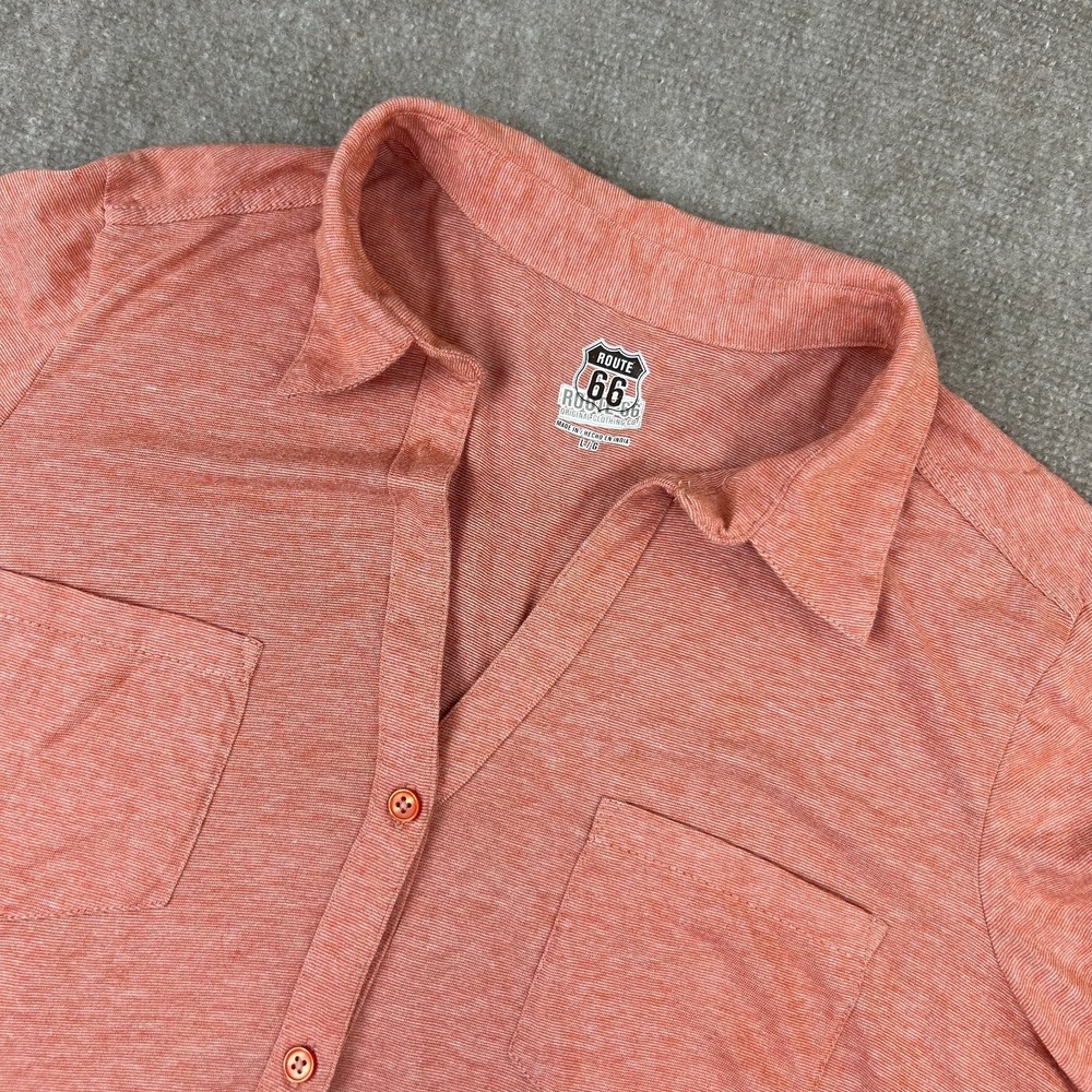 Route 66 Shirt Womens Large Pink Heather Cotton Pocket Curved Hem Button Up